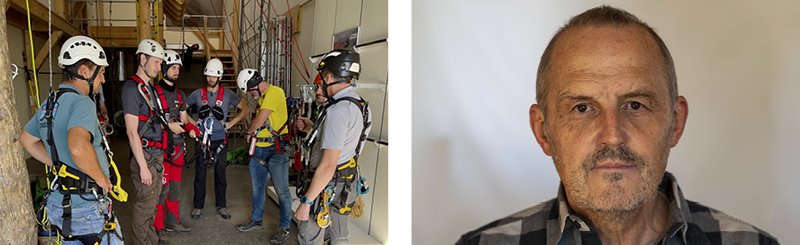 Gruppe von Personen mit Helmen und Sicherheitsgeschirr bei einer Höhenarbeit-Schulung in einer Halle. & Porträt Helmut Demetz