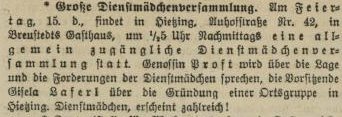 Aufruf zu einer großen Dienstmädchenversammlung in der Arbeiter-Zeitung, 1911