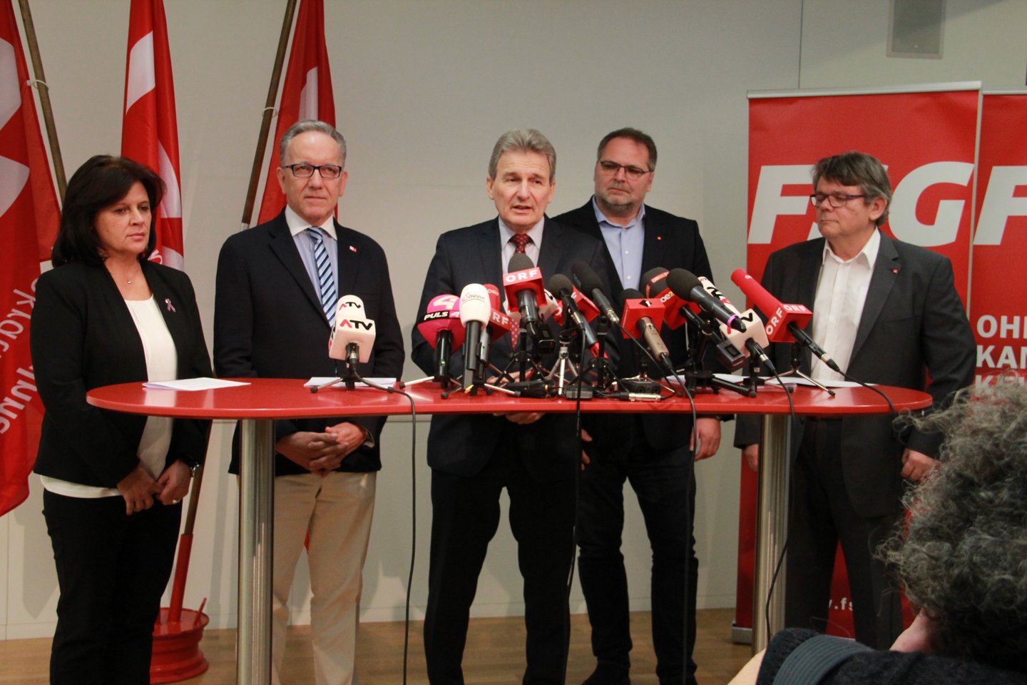 Bei einer Pressekonferenz am 26. Februar 2018 wurde einige Personalveränderungen im ÖGB präsentiert. Vl. Renate Anderl, Rudolf Kaske, Erich Foglar, Willi Mernyi, Wolfgang Katzian@ÖGB