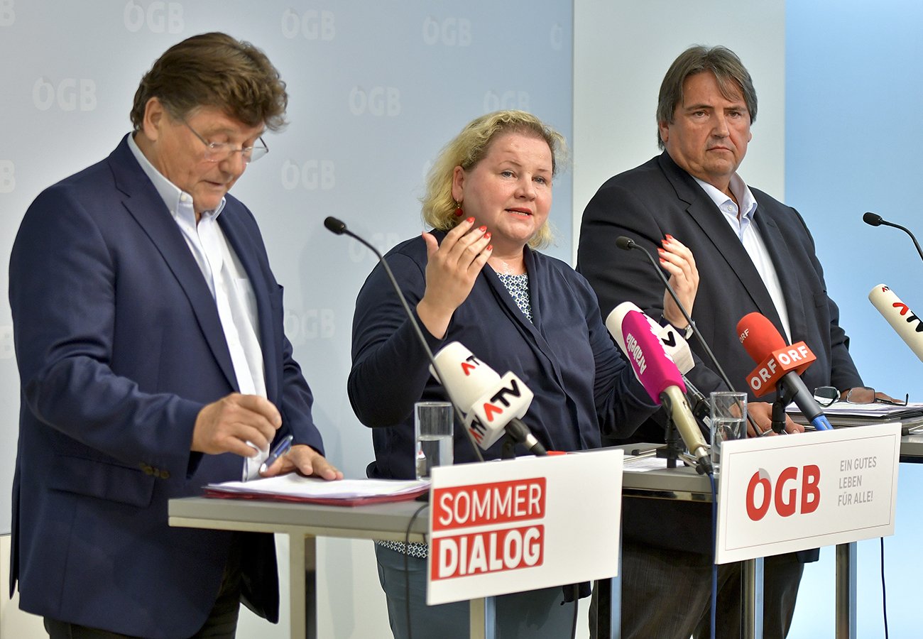 Download von www.picturedesk.com am 07.09.2023 (14:38). ABD0083_20190730 - WIEN - Ã STERREICH: (L-R): PRO-GE-Vorsitzender Rainer Wimmer, Ã GB-VizeprÃ¤sidentin Korinna Schumann und GBH-Vorsitzender Josef Muchitsch am Dienstag, 30. Juli 2019, im Rahmen der Ã GB-Pressekonferenz "Sommerdialog zum Thema Altersarmut und Pensionen" in Wien. - FOTO: APA/HERBERT NEUBAUER - 20190730_PD1047 - Rechteinfo: Rights Managed (RM)