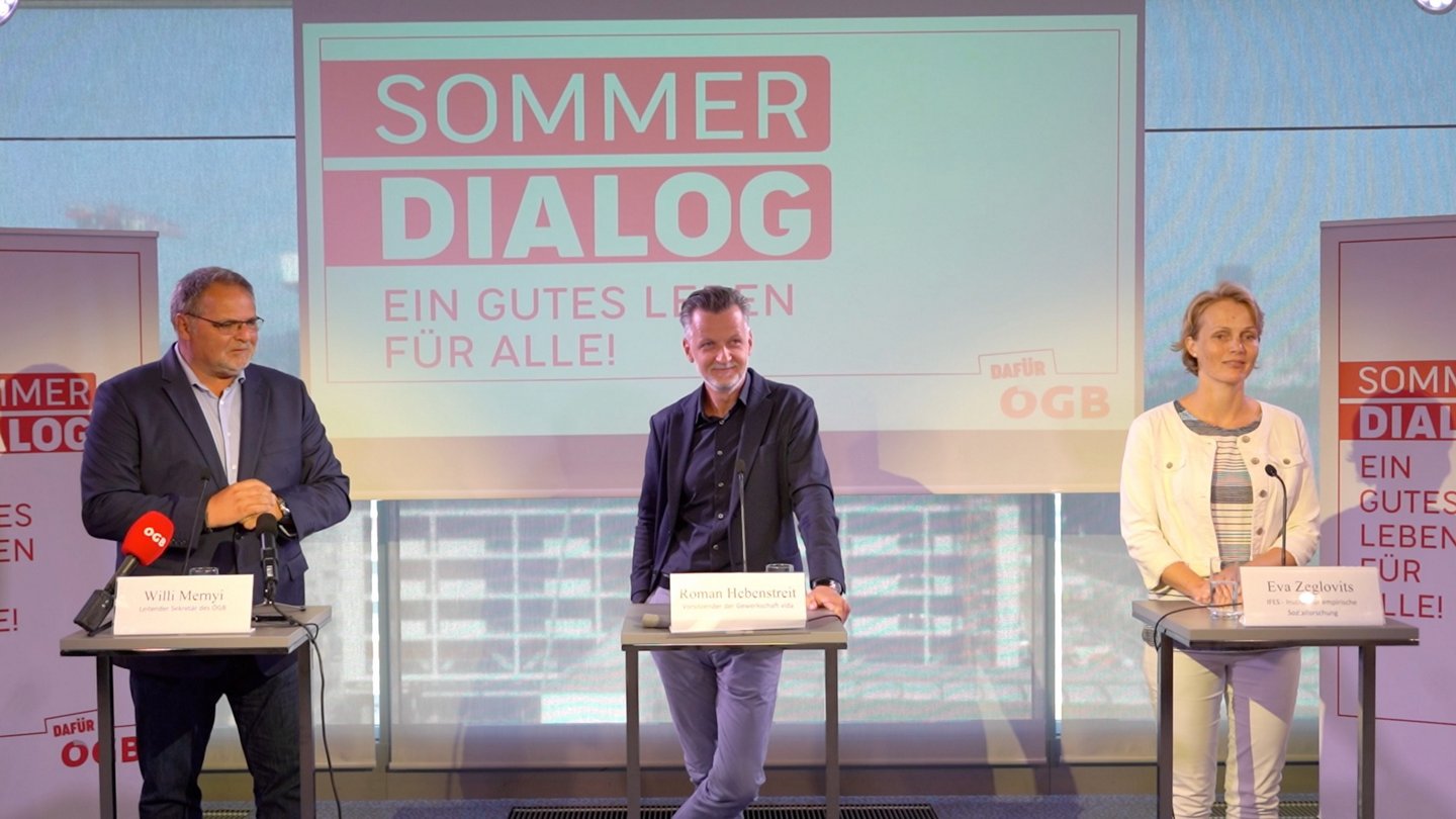 Sommerdialoge 2020, hier Pressekonferenz zum Thema Mitbestimmung. V.l. Leitender Sekretär im ÖGB Willi Mernyi, vida-Vorsitzender Roman Hebenstreit und Eva Zeglovits (IFES)