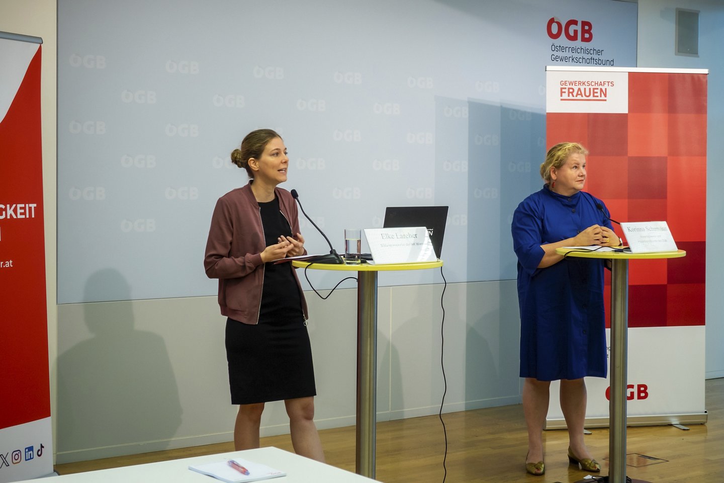 AK-Bildungsexpertin Elke Larcher und ÖGB-Vizepräsidentin Korinna Schumann sprechen