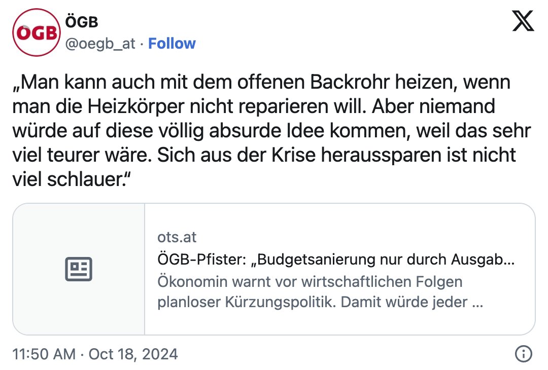 „Man kann auch mit dem offenen Backrohr heizen, wenn man die Heizkörper nicht reparieren will. Aber niemand würde auf diese völlig absurde Idee kommen, weil das sehr viel teurer wäre. Sich aus der Krise heraussparen ist nicht viel schlauer.“