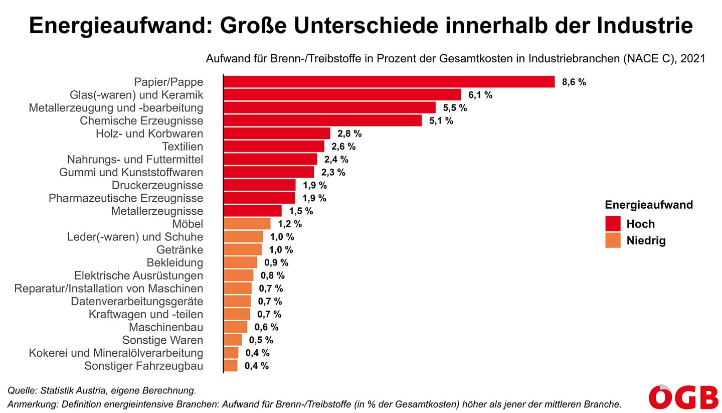 Die Grafik zeigt den Anteil der Energiekosten an den Gesamtkosten in den einzelnen Industriebranchen 2021.