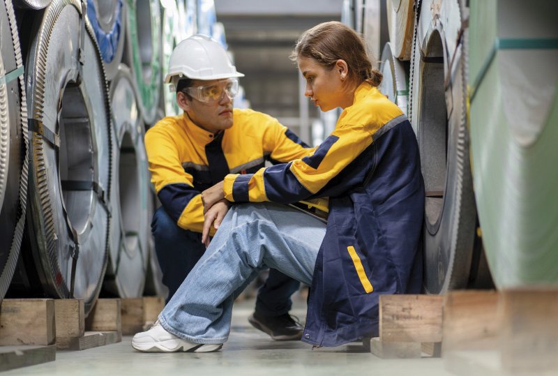 Zwei Fabrikmitarbeiter in Schutzkleidung sitzen zwischen großen Metallrollen; einer spricht beruhigend mit der anderen, die erschöpft wirkt.