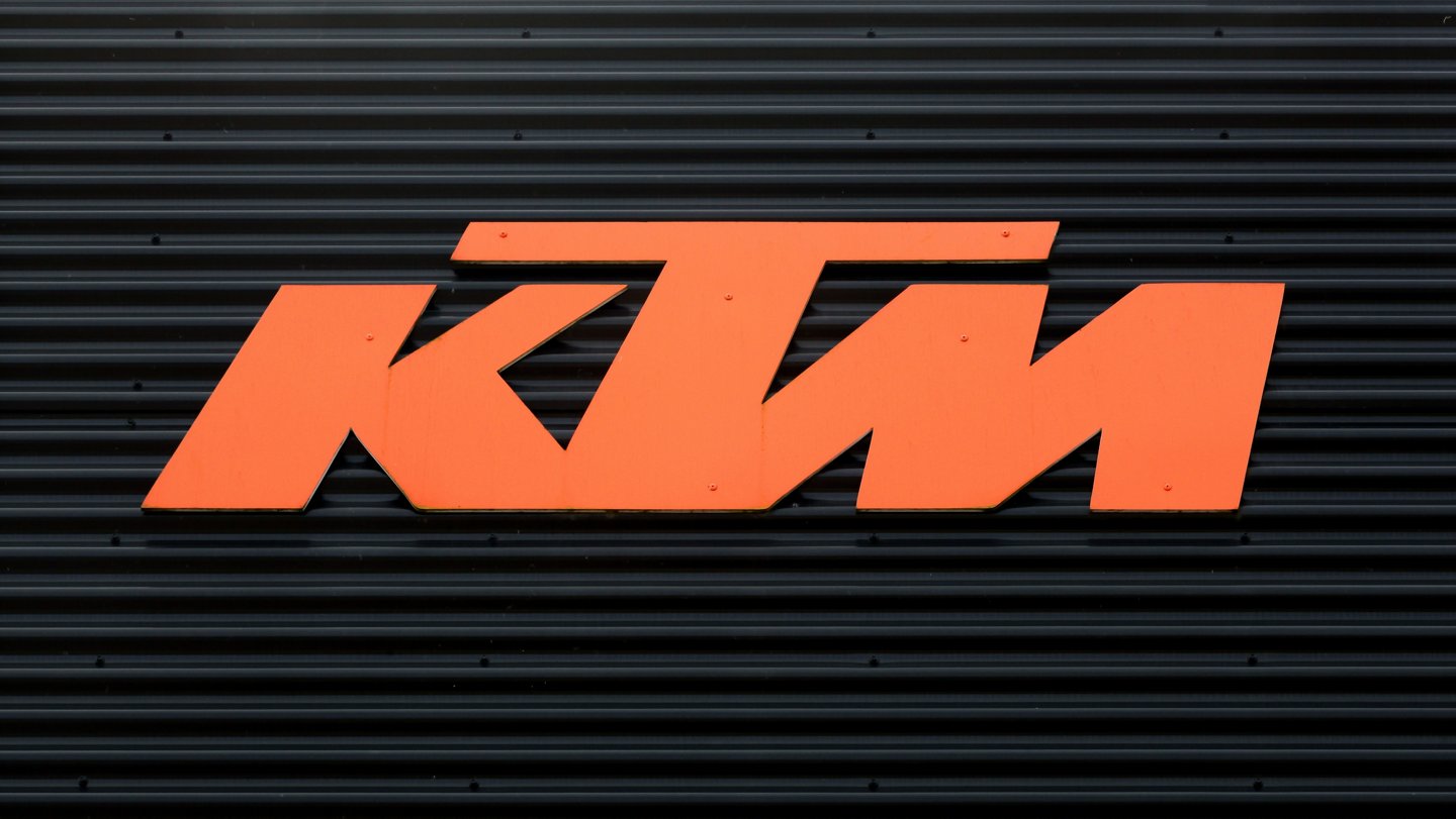 Torsted, Denmark - April  1, 2018: KTM logo on a wall. KTM is an Austrian motorcycle and sports car manufacturer owned by KTM Industries AG and Indian manufacturer Bajaj Auto