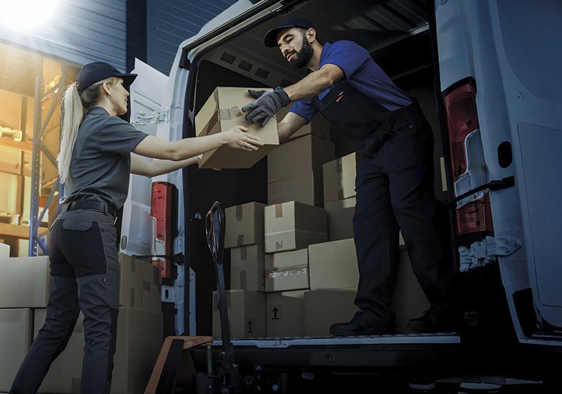 Outside of Logistics Distributions Warehouse: Diverse Team of Workers use Hand Truck Loading Delivery Van with Cardboard Boxes, Online Orders,  E-Commerce Purchases.