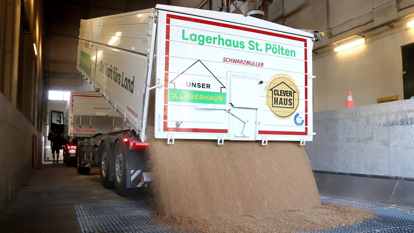 Ein Kipplaster leert Getreide über einem Metallgitter ab.