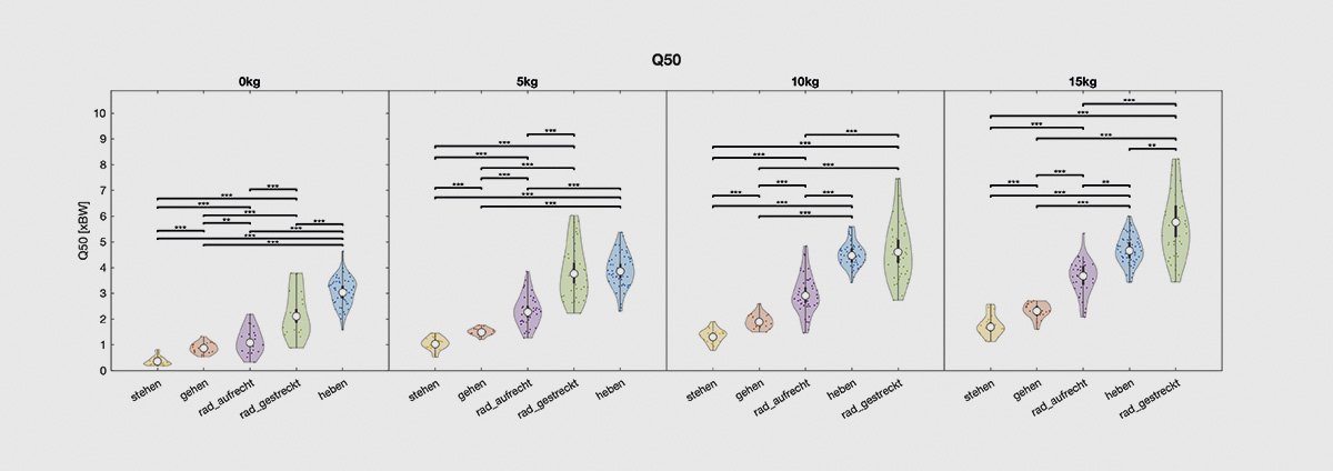 Violin-Diagramm: Mittlere Druckkräfte in der Lendenwirbelsäule (L5/S1) bei verschiedenen Haltungen und Zusatzgewichten von 0 bis 15 kg