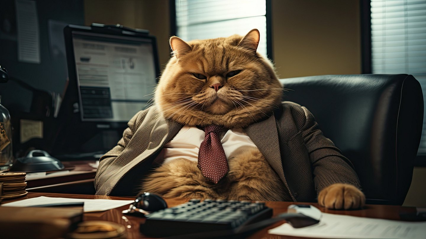 KI-generiertes Bild: Dicke Katze in Anzug und Krawatte an einem Schreibtisch, Computerbildschirm im Hintergrund