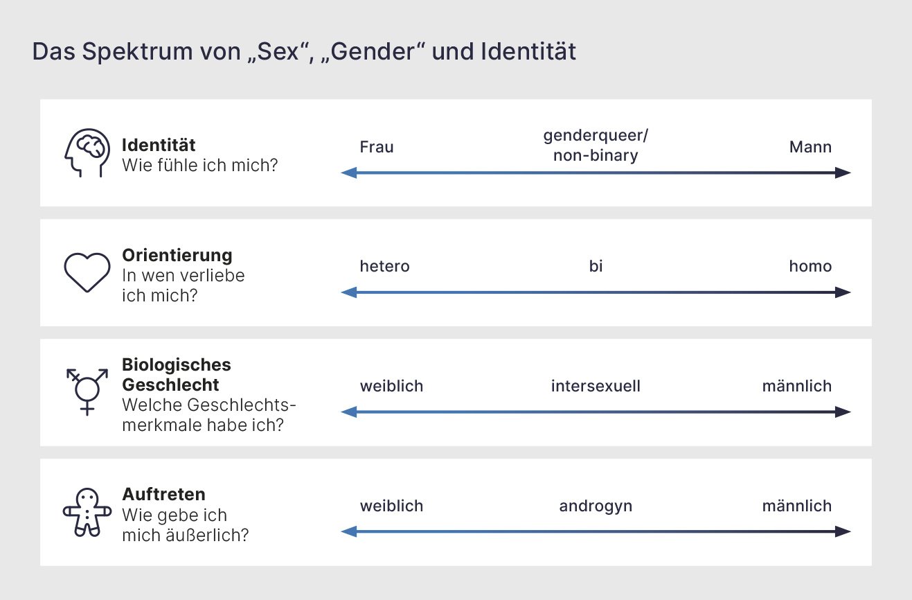 verschiedene sexuelle Richtungen je nach Identität, Orientierung, Biologisches Geschlecht oder Auftreten