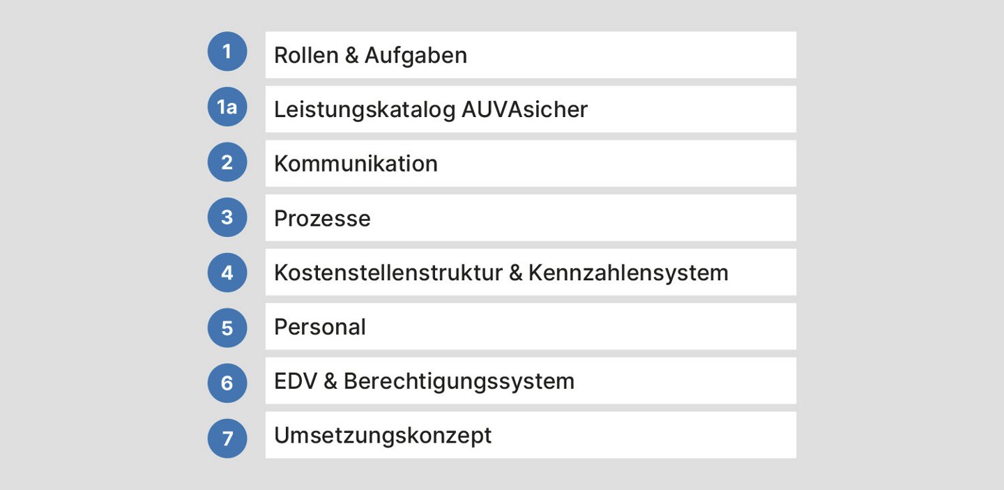 Die 7 Arbeitspakete als grafische Liste: Rollen und Aufgaben, Leistungskatalog, Kommunikation, Prozesse, Kostenstellenstruktur, Personal, EDV und Umsetzungskonzept