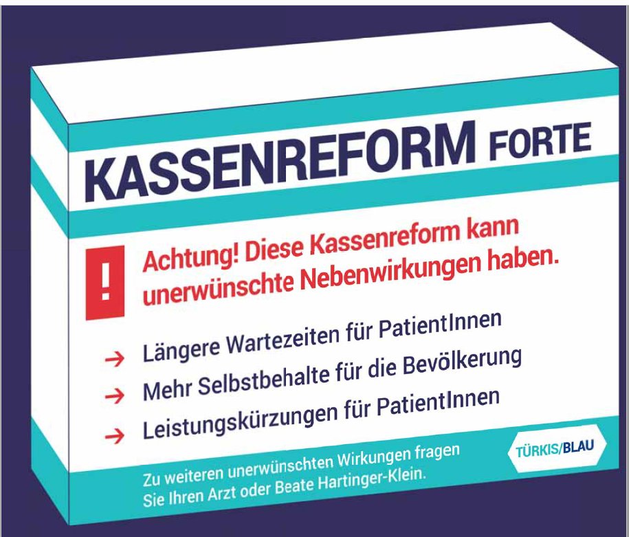 Diese „Pillenschachtel“ mit dem Namen „Kassenreform Forte“ erschien im GPA-Mitgliedermagazin „Kompetenz“ 