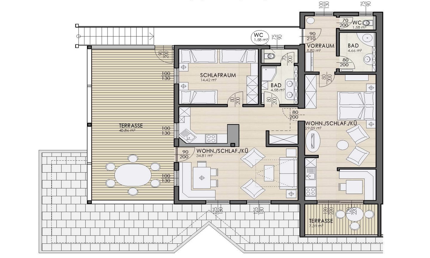 Beispielgrundriss Parkappartement für 3 und 5 Personen mit Verbindungstür