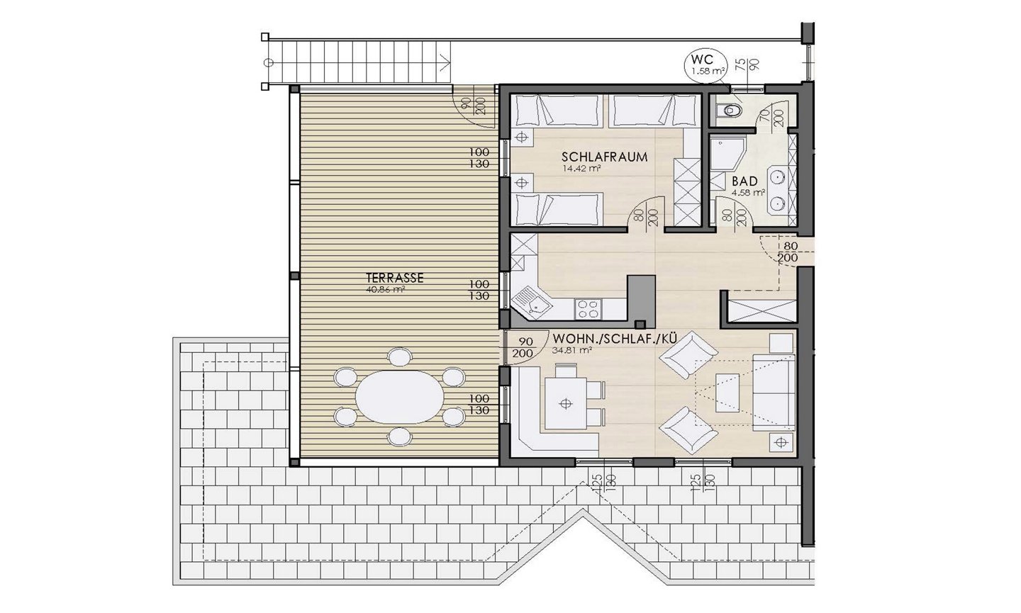 Beispielgrundriss Parkappartement für 5 Personen