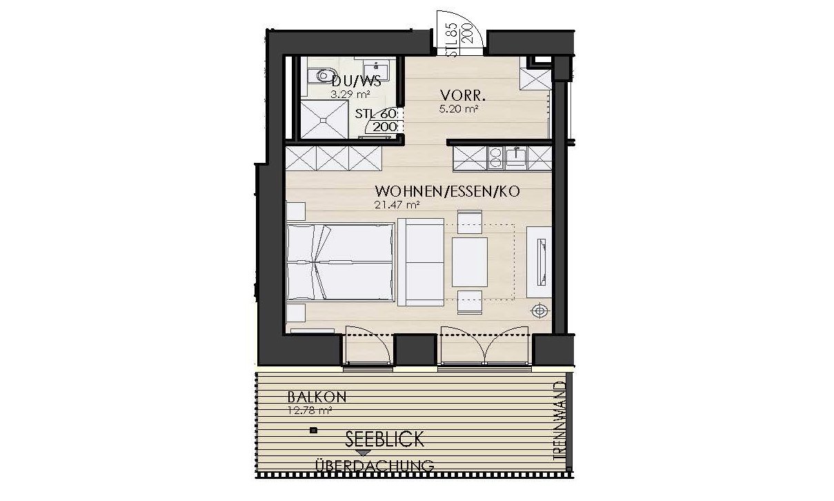 Beispielgrundriss Seeappartement für 3 Personen (S3+ = mit Seeblick)