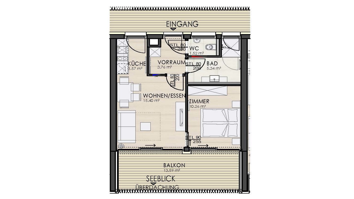 Terrassenappartement, Kategorie T4, T4R; Wohnfläche 40 m², Balkon 13,6 m²