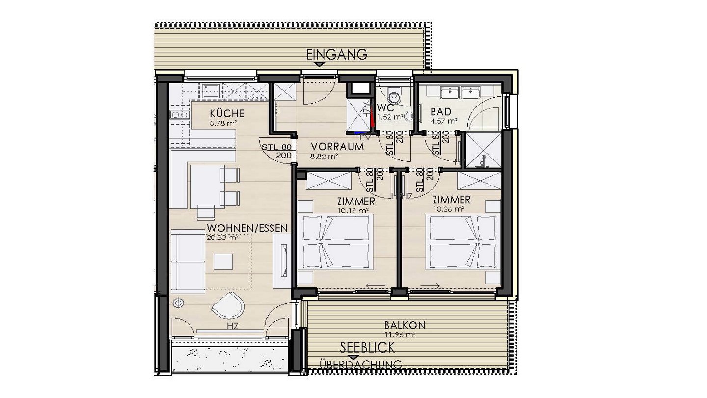 Grundrissplan einer Wohnung der Kategorie T6 (Belegung max. 6 Personen, Terrassenappartement)