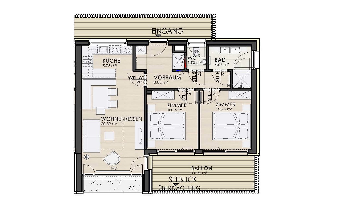 Beispielgrundriss Terrassenappartement für 6 Personen