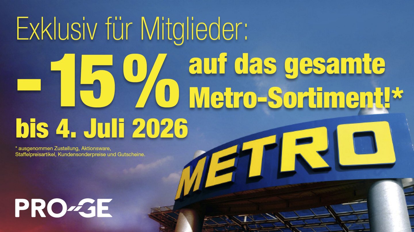 Bild: Firmenlogo vor dem Eingang eines METRO-Geschäfts, Text: Exklusiv: PRO-GE Mitglieder genießen alle Vorteile von Metro