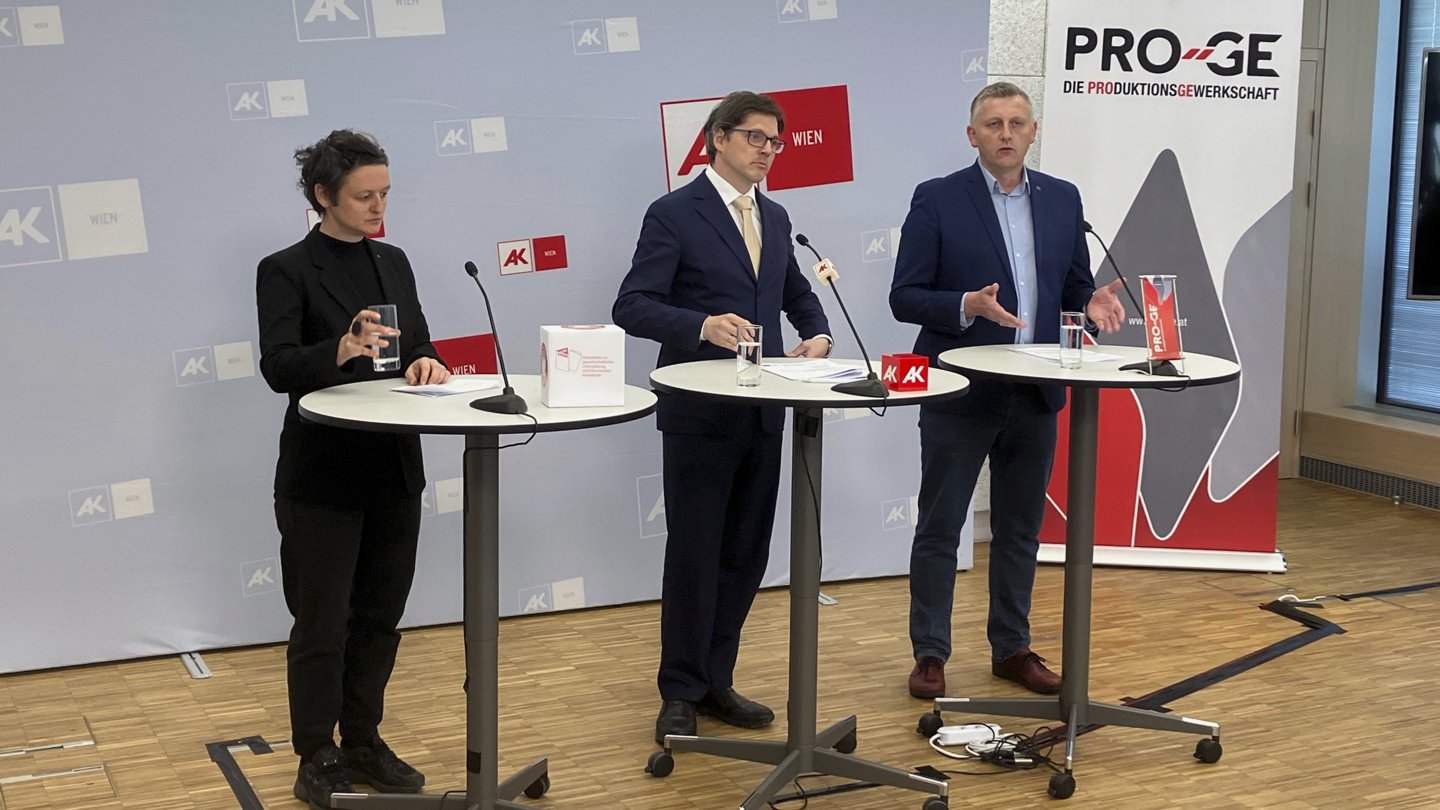 Johanna Schlintl von UNDOK, Ludwig DvoÅ Ã¡k aus der AK Wien und Reinhold Binder, BundessekretÃ¤r der PRO-GE bei der Pressekonferenz.