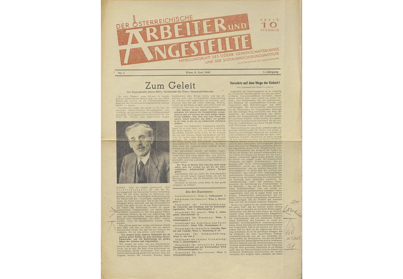 Titelseite Der österreichische Arbeiter und Angestellte zur Gründung des ÖGB