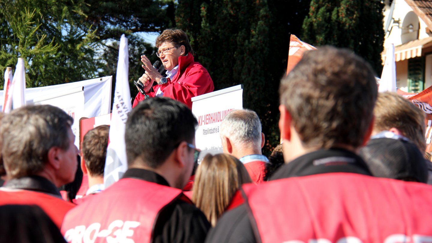 Rainer Wimmer redet vor Demonstrationsteilnehmern, Blick aus der Menge Richtung Rednerpult