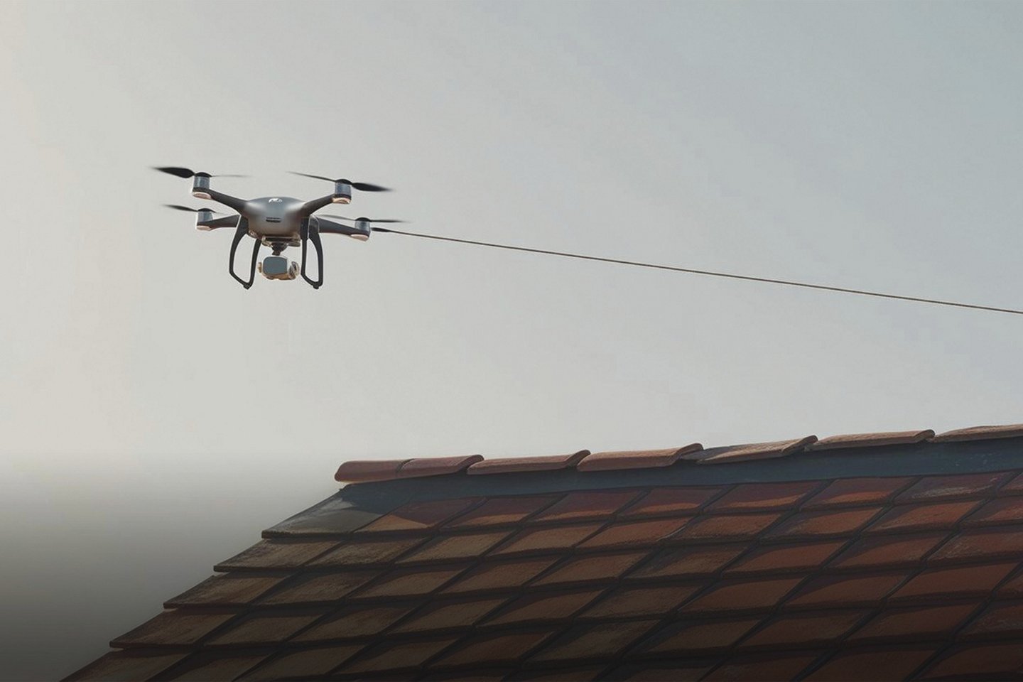 Drohne fliegt knapp über ein Ziegeldach entlang einer gespannten Sicherheitsleine – eingesetzt zur Prävention auf Baustellen in luftiger Höhe.