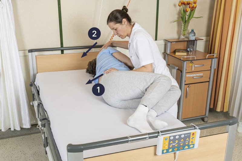 Pflegehelfer unterstützt eine Patientin, indem er ihre Position im Bett anpasst. Das Bett steht in einem sauber eingerichteten Krankenzimmer, mit Gardinen und Blumen im Hintergrund.