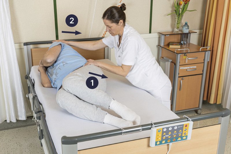 Pflegekraft unterstützt eine Patientin dabei, sich auf der Seite im Krankenhausbett zu drehen. Die Patientin trägt bequeme Kleidung und liegt in einem modernen, sauberen Patientenzimmer.