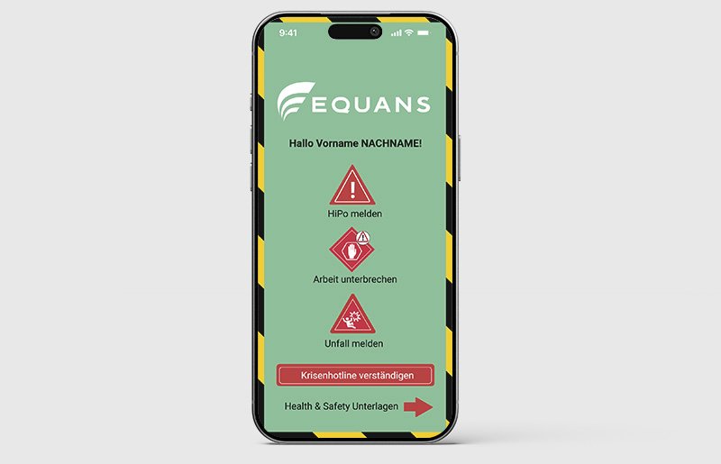 Screenshot der Equans Health & Safety App auf einem Smartphone mit Menüoptionen zur Unfallmeldung und Sicherheitskontrolle