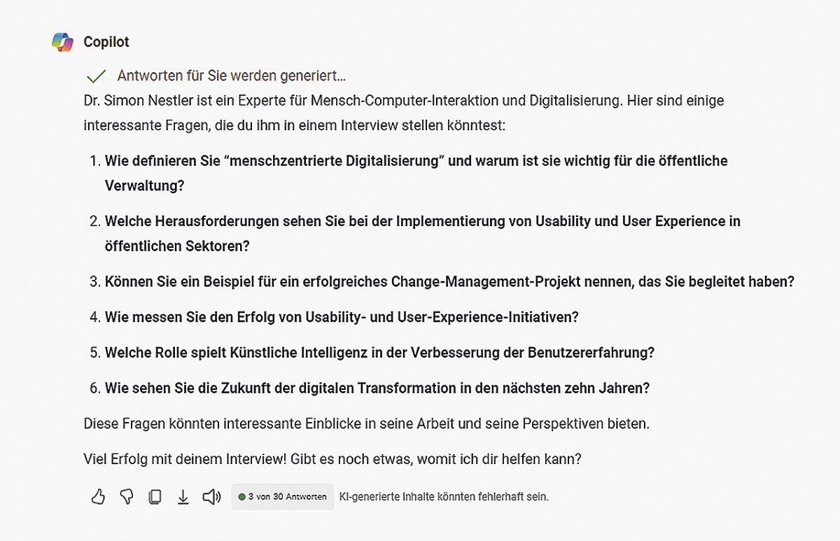 Screenshot Copilot Fragen und Antworten