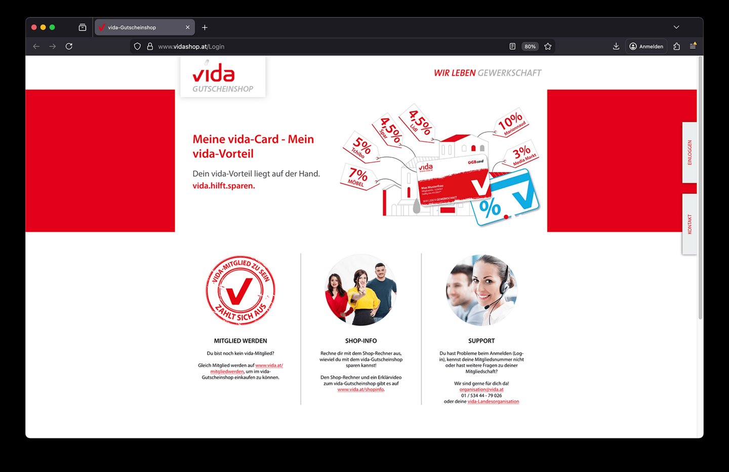 Screenshot vom vida Gutscheinshop